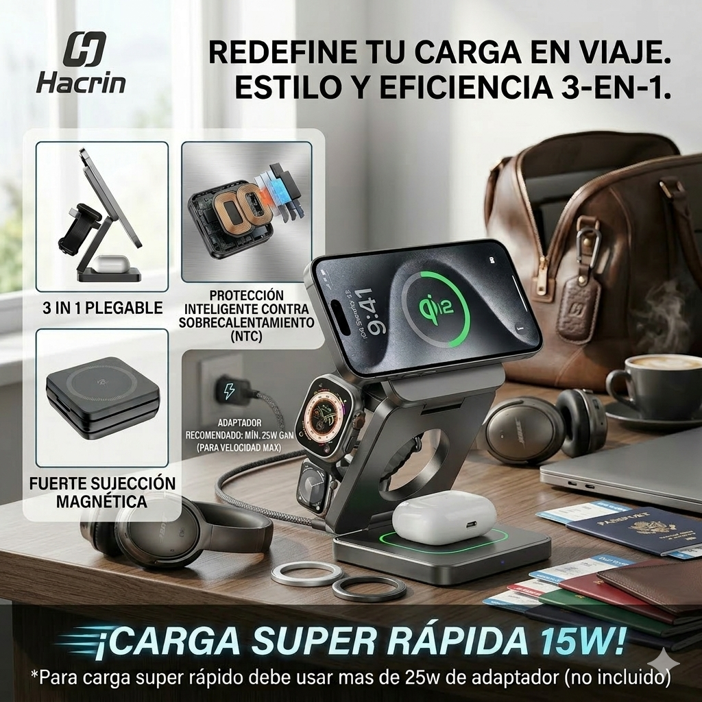 Cargador Plegable Magnético 3 en1 Iphone