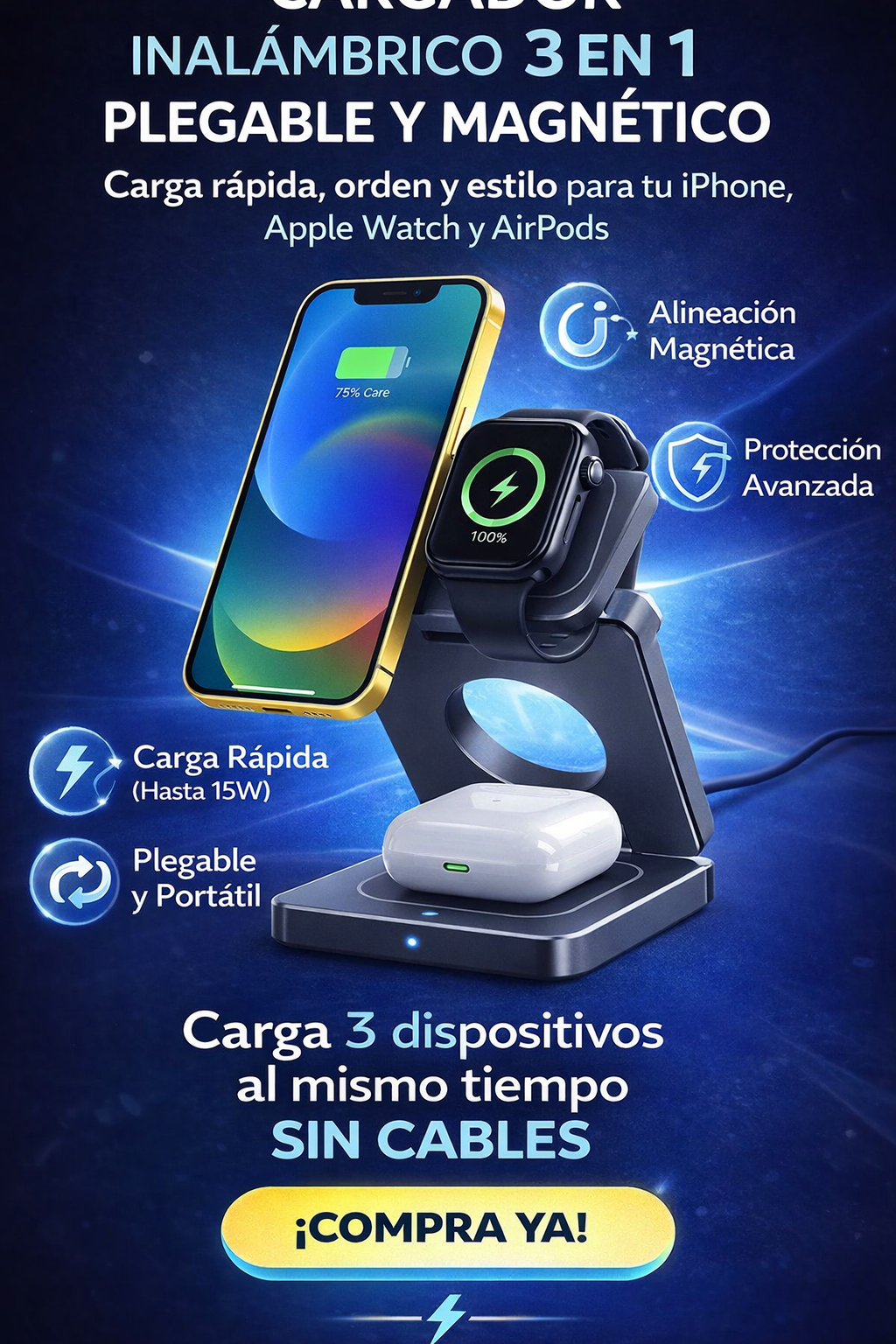 Cargador Plegable Magnético 3 en1 Iphone